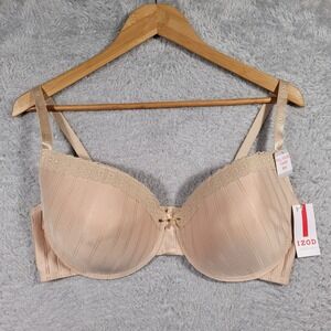 IZOD T-Shirt Bra Women 42D Beige Full Figure Lace Trim Underwire Padded *